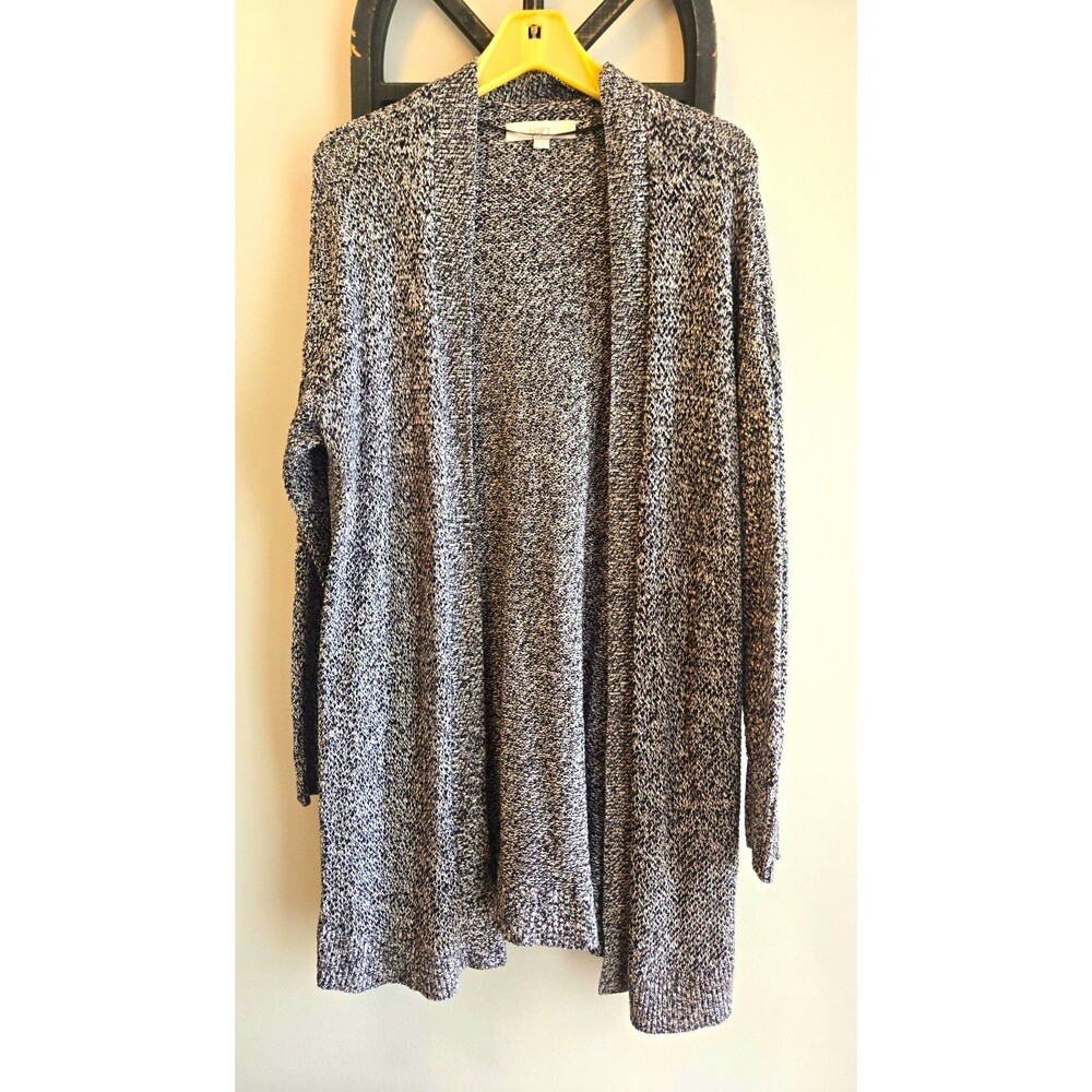 LOFT Women's Marled Black/White Open Front Chunky Knit Cardigan Sweater L